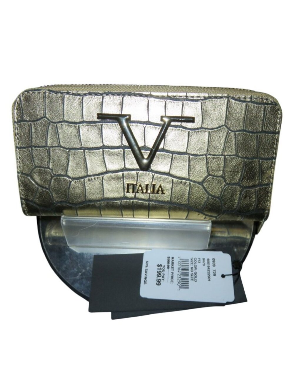 V ITALIA Gold Metallic Croc Embossed Italian Leather Full Zippy Long Wallet Glam